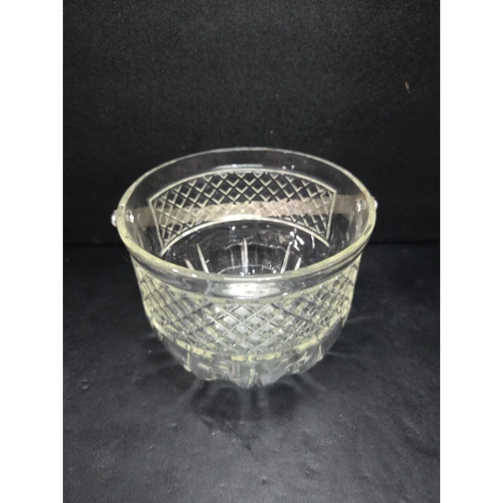 Art Deco‎ Ice Bucket, Cut Diamond Glass, Hammered Silver Handle, Bar Accessory